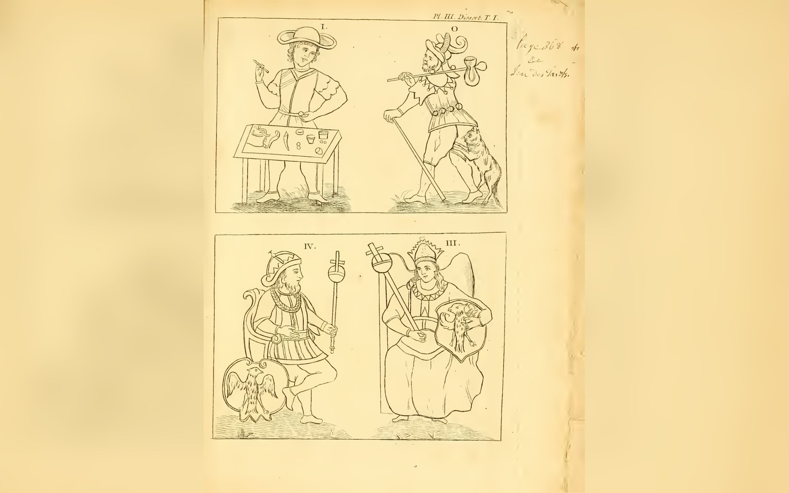 Engraved plate showing four numbered tarot-like figures with staffs, shields and heraldic emblems